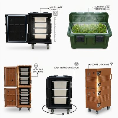 Kotak Catering Tugas Berat 105L Diperkuat Rotomolded Insulated Food Carrier dengan Forklift Base Marine Grade